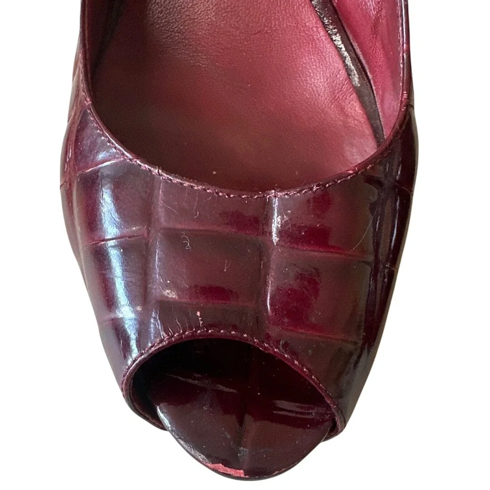Tory Burch Allison Croc Patent Slingback Peep Toe‎ Block Heels 8 Bordeaux